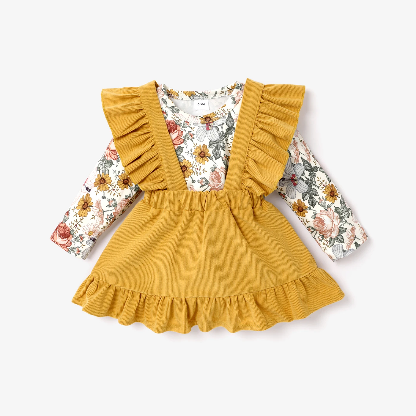 

PatPat Baby 2pcs Floral Print Long-sleeve Romper and Yellow Corduroy Ruffle Suspender Skirt Set