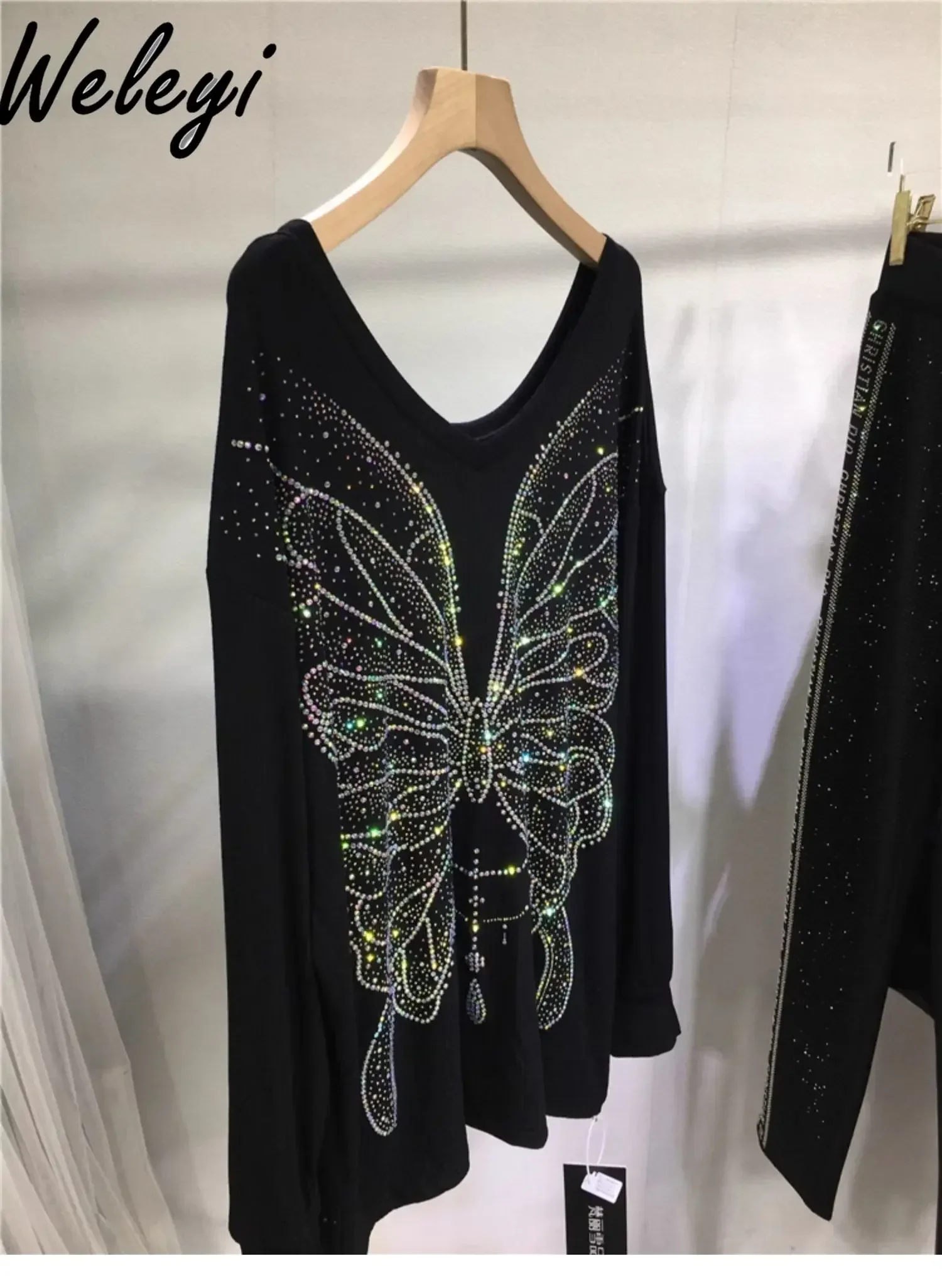 Luxury Hot Drilling Butterfly Sweatshirt Winter Clothes Female Autumn Loose Women's V-Neck Black Mid-length Pullover Hoodie Top