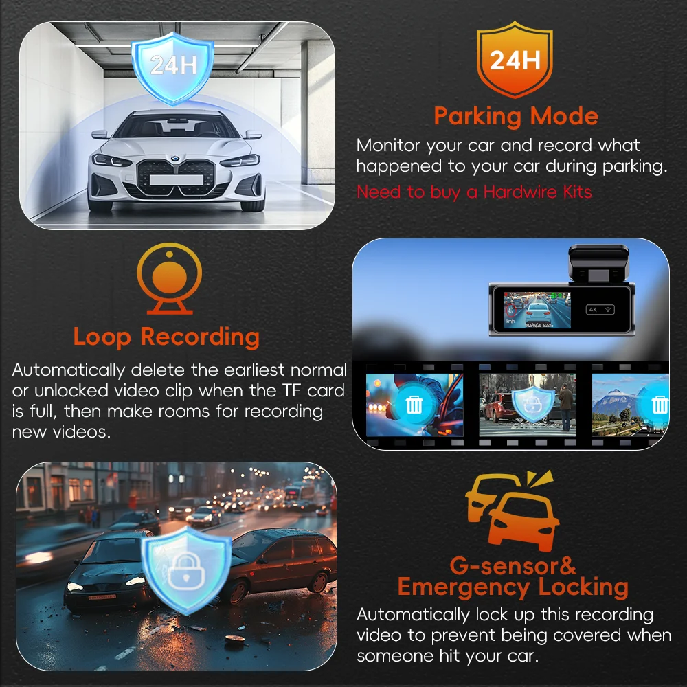 Plinader Dash Cam WIFI GPS Mini CAR DVR أمامي 4K وخلفي 1080P عدسة مزدوجة صندوق أسود كاميرا غرفة للرؤية الليلية 24H شاشة ركن السيارة #5