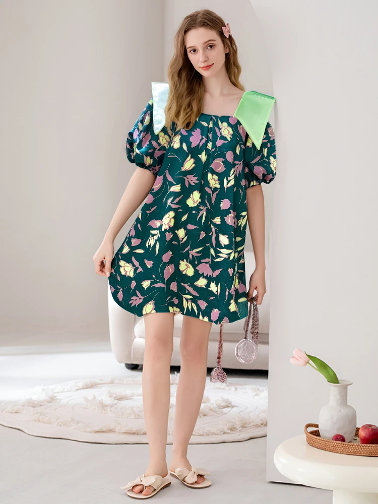 

LASS LIZ Original Design Summer 2025 een Romantic Flower Print Bubble Sve Loose Fit Stand Collar Dr Sweet Sle A-Lin...