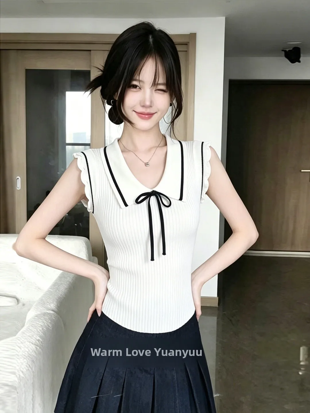 

Unique Beautiful Doll Collar Knitted Sweater Women's Summer Fashion High Sensation Short Sleeve Versatile Top Commute Style