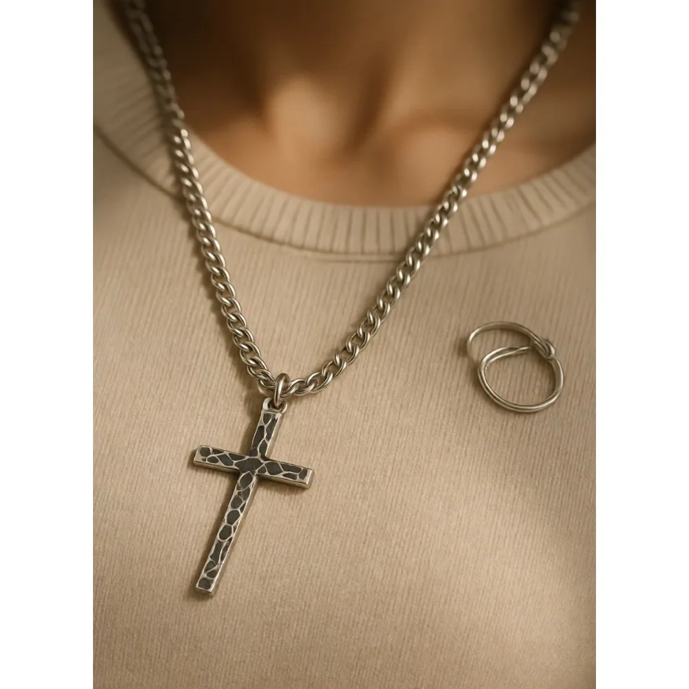 

Винтажный кулон-крест с эффектом ковки на кубинской цепочке, серебро 925 пробы, 16-30 дюймов, унисекс