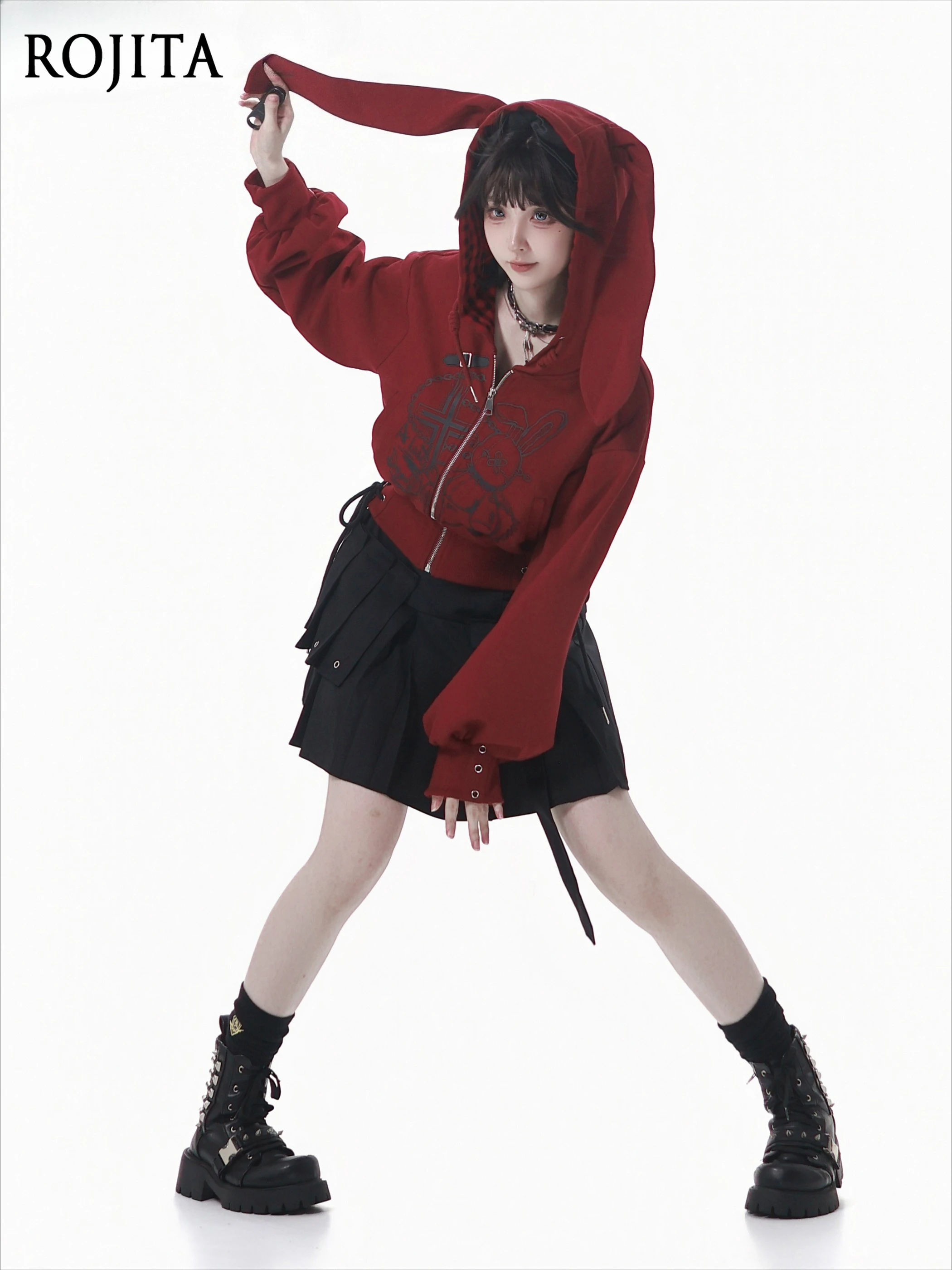 

Красно-серая куртка с капюшоном на молнии с заячьими ушками, плиссированная юбка в студенческом стиле, нерегулярная полуюбка, осенние толстовки, женская толстовка на молнии