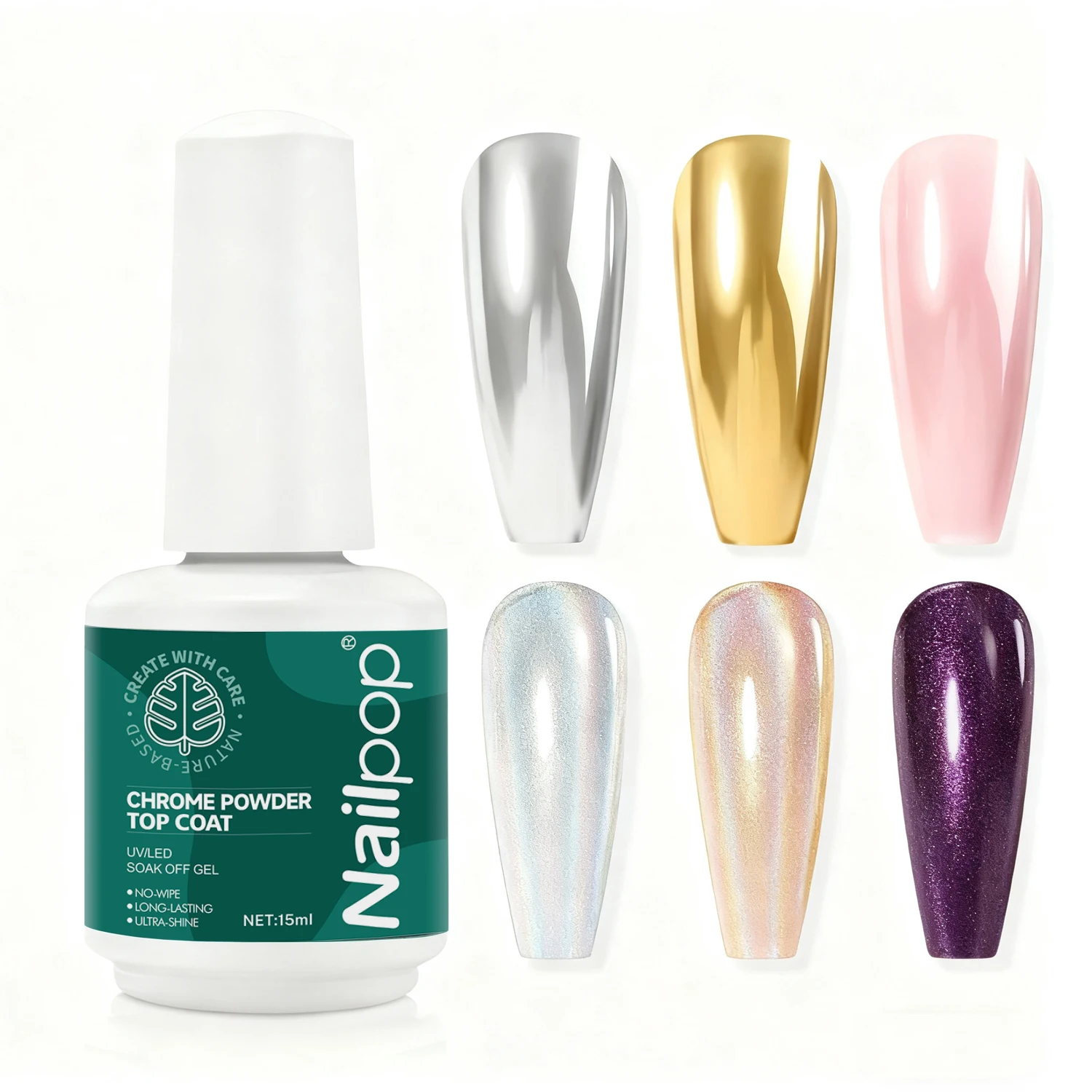 

Nailpop Chrome Powder Top Coat Glitter Powder Color Metallic Effect Nail Glitter UV Light Gel Polish Chrome Dust Nail Art 15ml