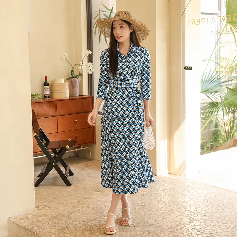 

Women Turn-Down Collar Wrap Shirt Dress French Retro Summer Blue Chain Print Elegant Female Long Dress with Elegance