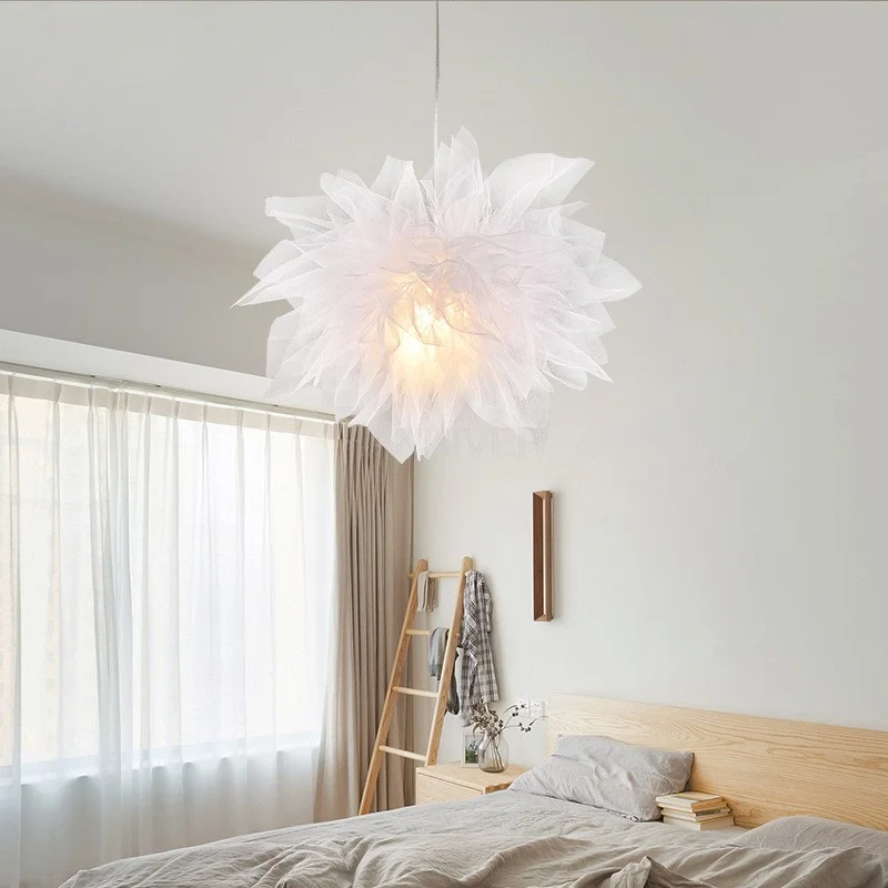 Modern Fluffy Pendant Light Elegant Mesh Lampshade Droplight Lighting Bedroom Study Room Decoration Creative Hanging Lamp 220V