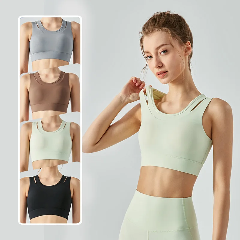 

New Women's Fake Two-piece Hollow Vest With Chest Cushion Yoga Bra