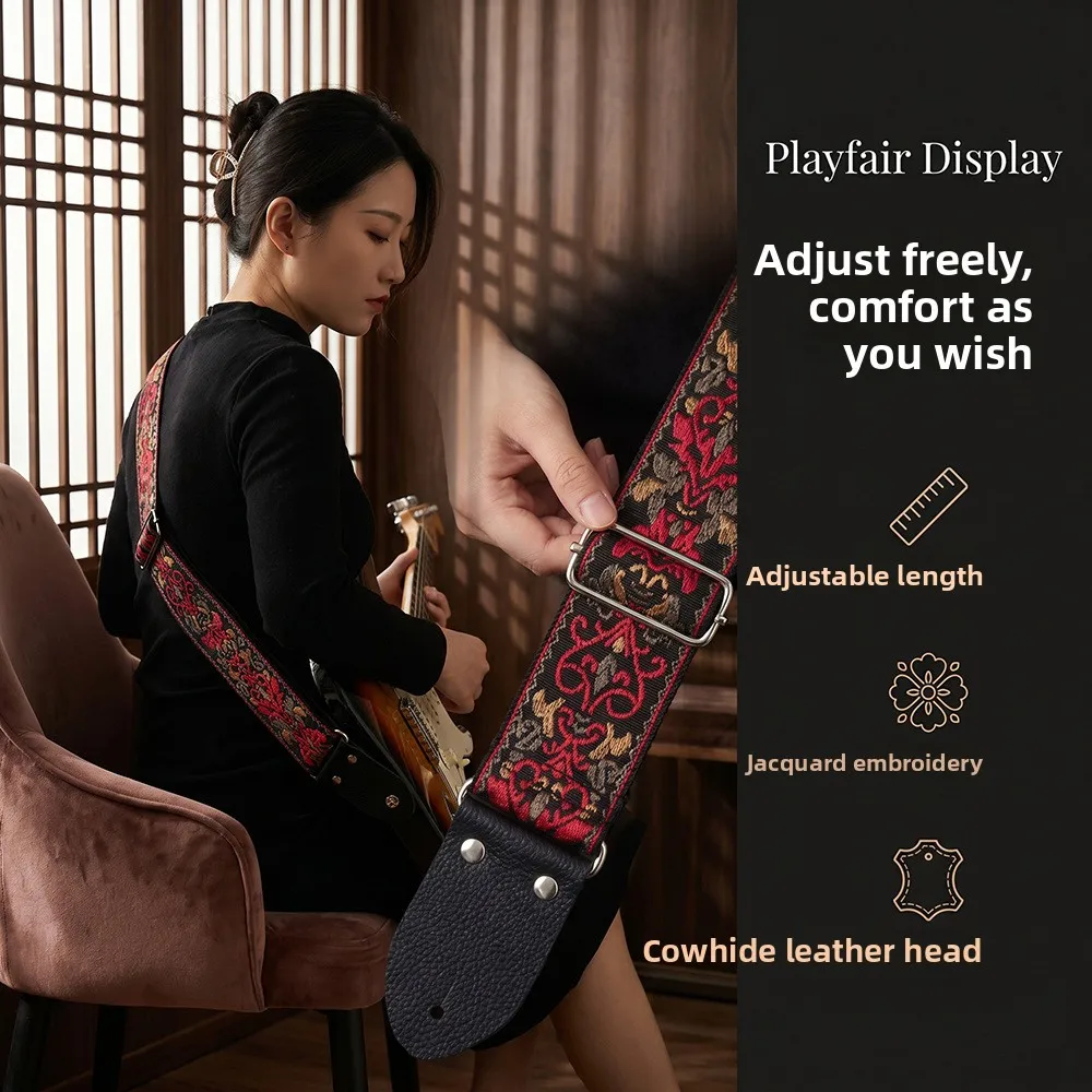 Bohemian Style Embroidered Printed Adjustable Shoulder Strap, Leather Head Suitable for Folk Electric Guitar Bass Ukulele Guitar