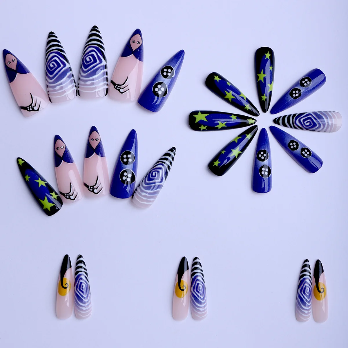 24 Stück Spirale Streifen Muster Press On Nails Stern Kürbis Laterne Halloween Elemants Falscher Nagel Blau Französischer Stil Mandel Fake Nail – Detail 3