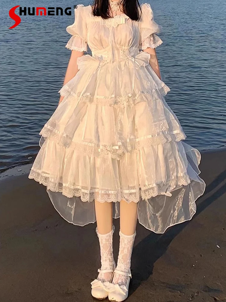 

Japanese Style Sweet Cute Lolita Op Princess Dresses Square Collar Flare Short Sleeve Bow Trailing Tiered A-Line Dress Women