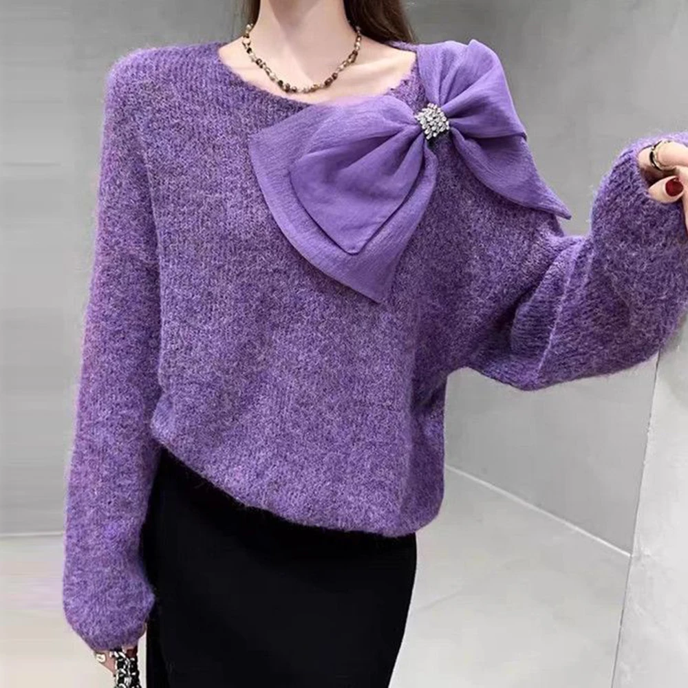 

Purple sweater, huge good-looking bow, autumn and winter high-end feeling, lazy style, loose and thin, chic knitted sweater top