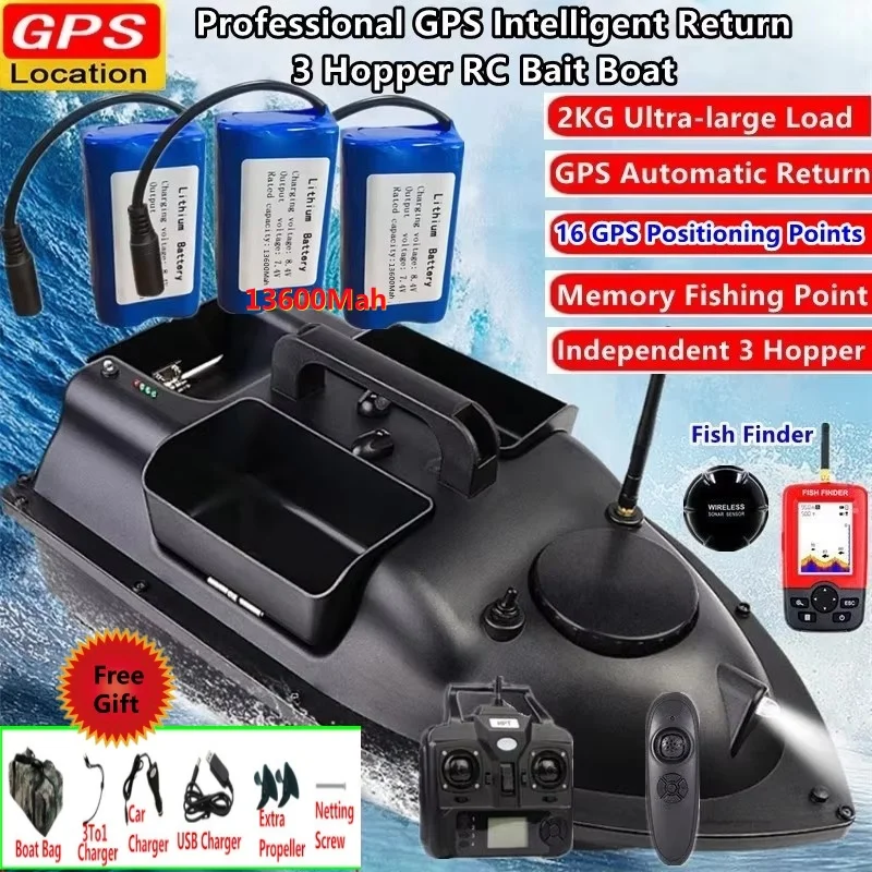 GPS Auto Return Independent 3 Hopper Control RC Bait Boat 2KG Load 500M Sonar Finding Fish Level 7 Wind Resistance RC Nest Boat