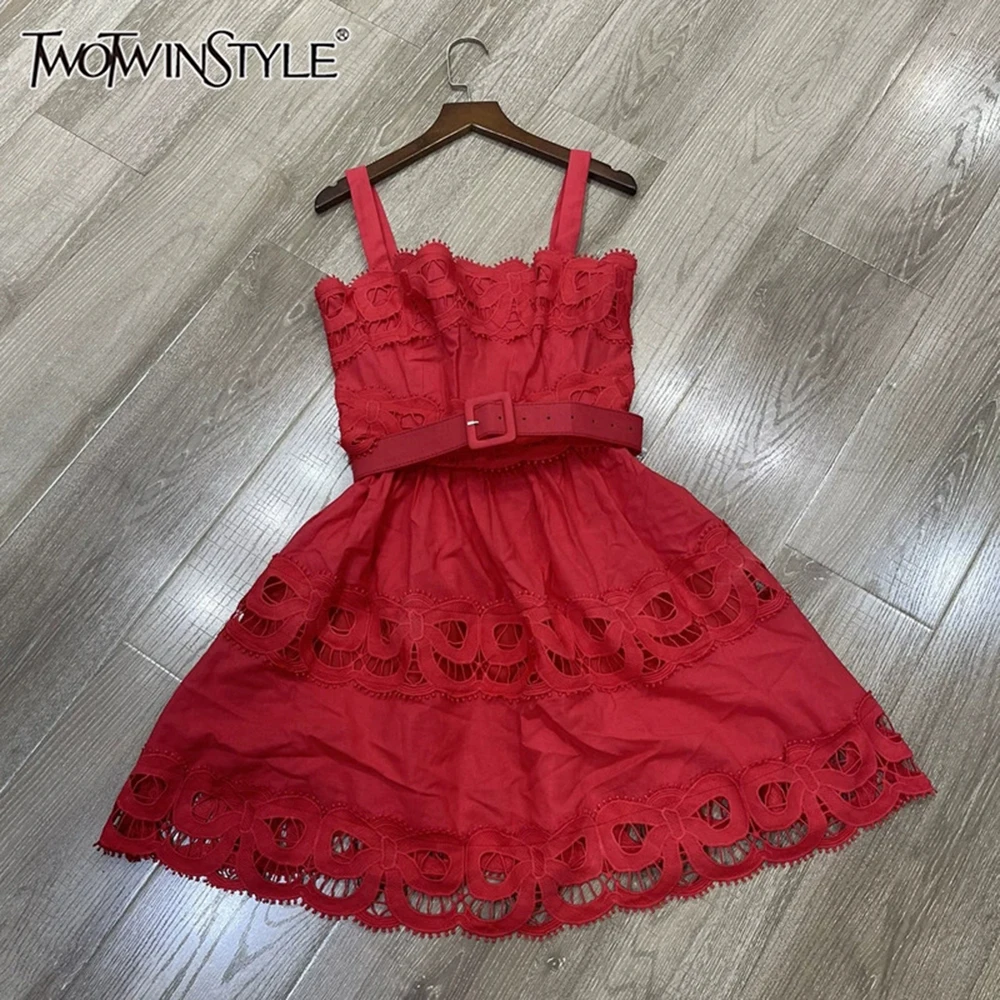 

TWOTWINSTYLE Solid Sexy Hollow Out Dresses For Women Camisole Sleeveless Backless High Waist Cute Dress Female Fashion KDR537856