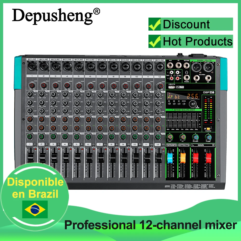 Mixer de Áudio de 12 Canais Depusheng MG12, Console de Mixagem DJ USB com Alimentação Phantom de 48V, 256 Efeitos DSP, Mesa de Som para palco
