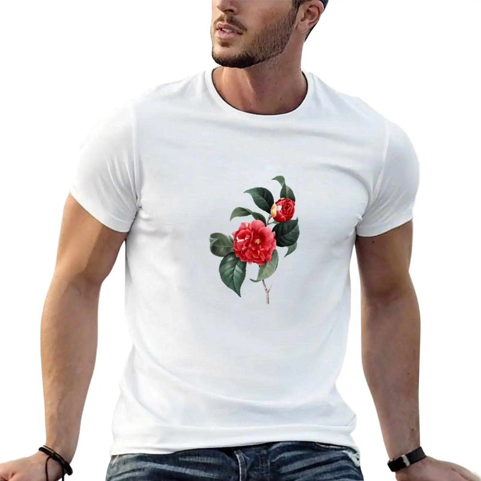 Camélia Japonesa Vermelha P.J. Camiseta masculina com ilustração botânica vintage Redouté, camiseta gráfica