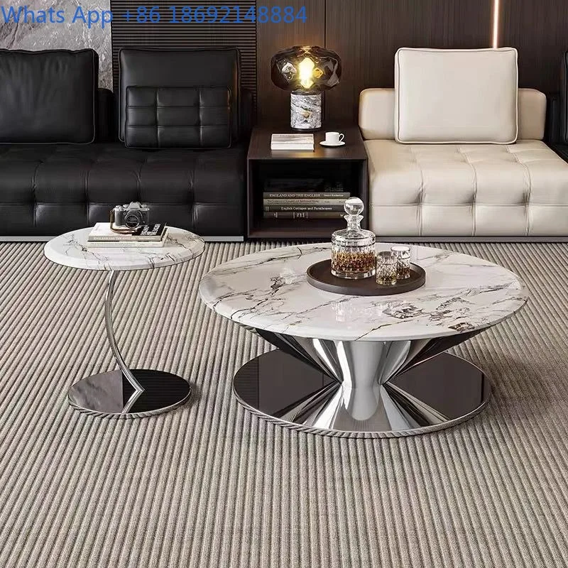 

Italian Style Rock Slab Floating Tea Table Simple Modern Light Luxury Round Stainless Steel Color Corner Table Side Table Set