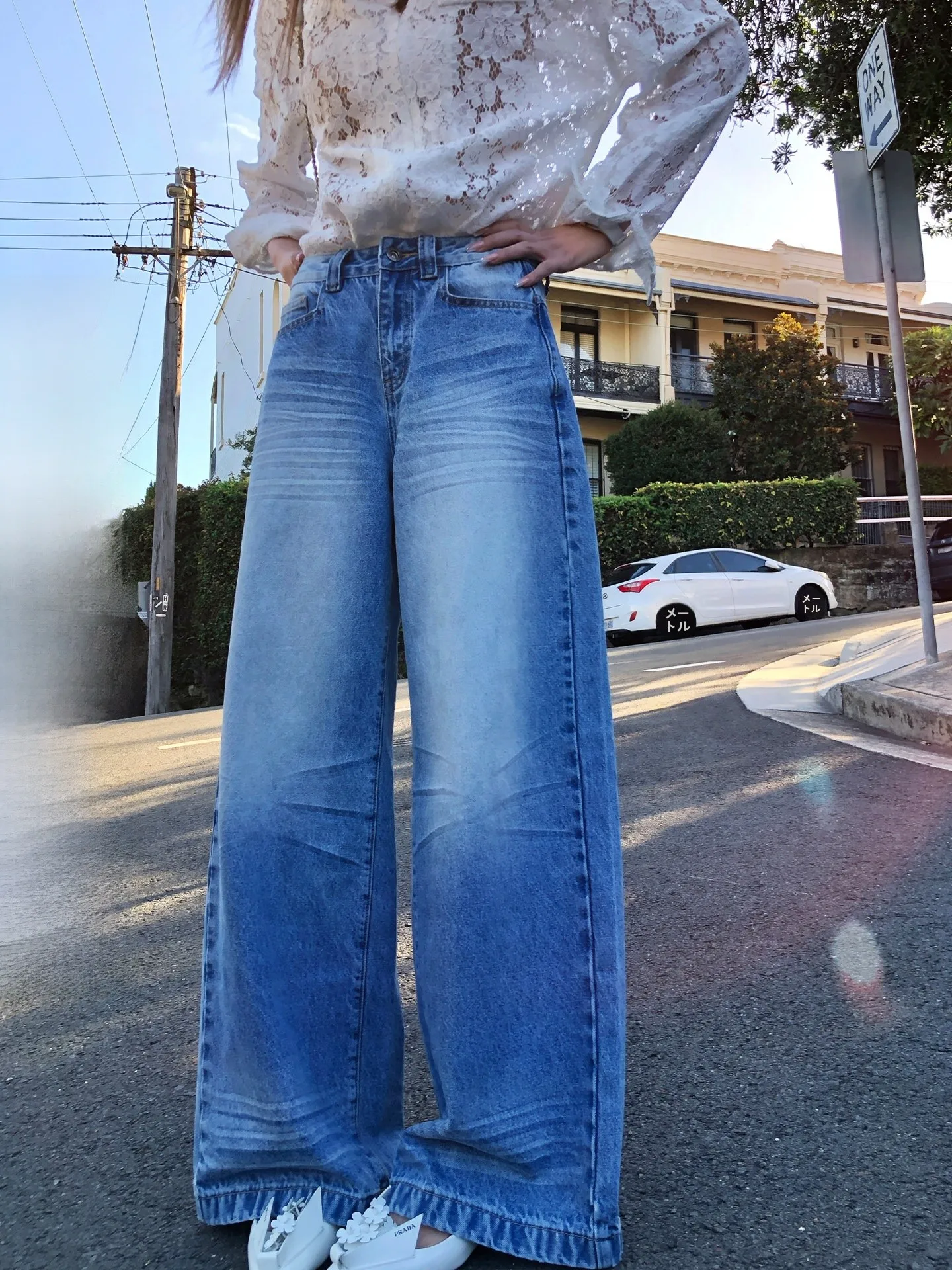 

Ele Korean Sle High Waist Cotton Straight Leg Floor Length Denim Jeans Women's Design Sensation Lace ket Jeans