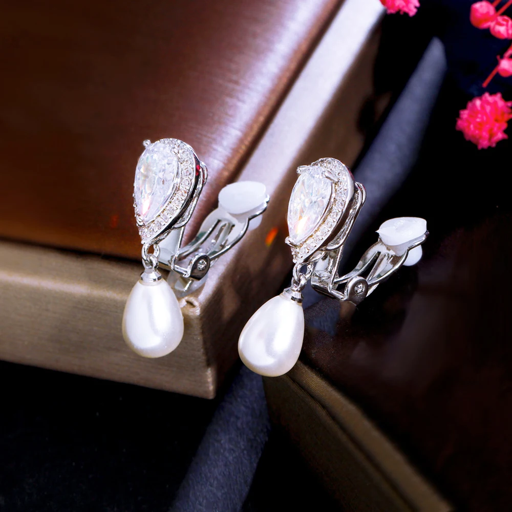 BeaQueen Chic Water Drop Pearl Clip On Earrings Ear Piercing Jewelry No Hole Women White CZ Silver Plated Banque  Jewellery E577