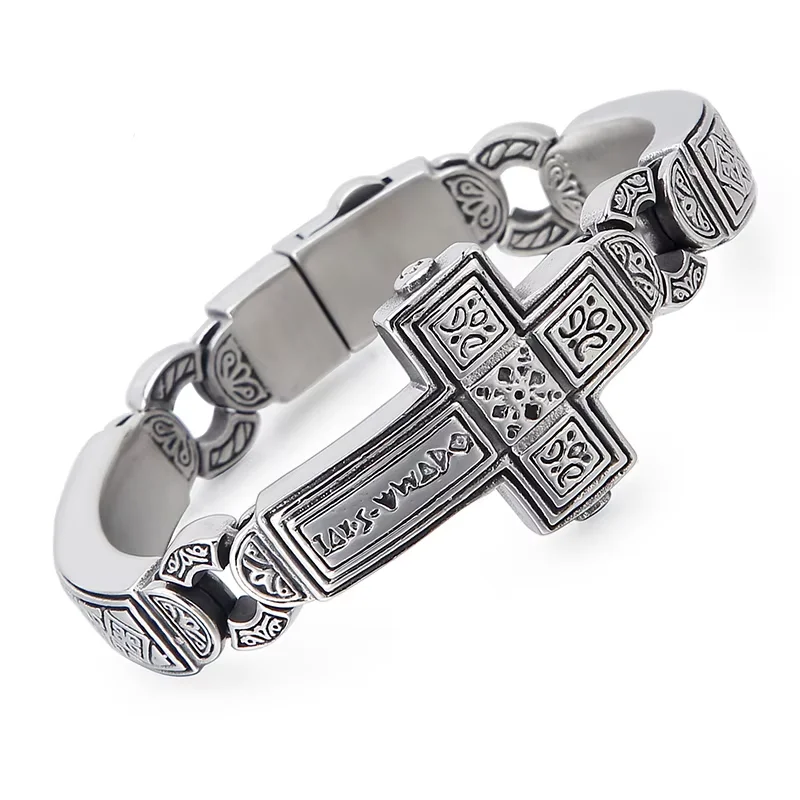 Fongten Cross Charms Bangle For Men Stainless Steel Heavy Mens Bangle Bracelets Male Retro Rune Silver Color Jewelry Armband