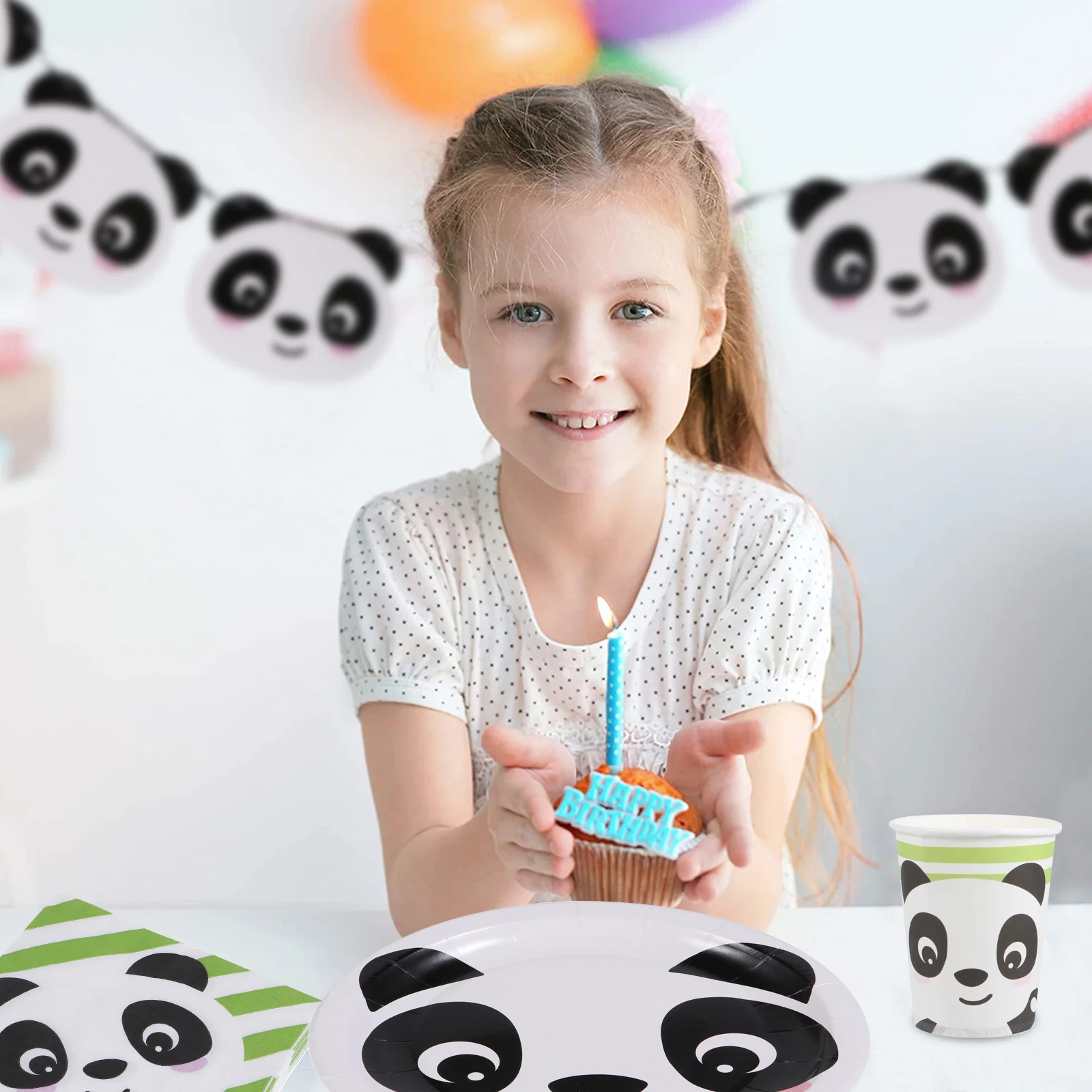 

1Set Panda Birthday Tableware Paper Party Supplies Combination Banner Plates Cups Napkins Straws Disposable Decor for Birthday