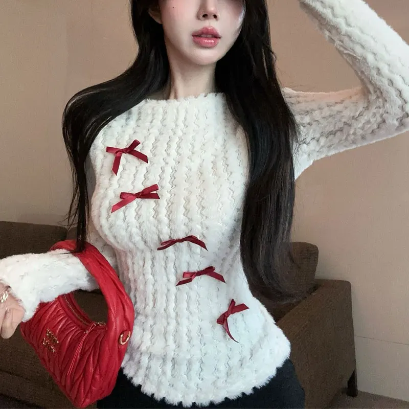 

French Style Slash Neck T-shirt Autumn Winter Knitted Fashion Bow Female Clothing Slim Gentle Aura Solid Color Basic Pullovers