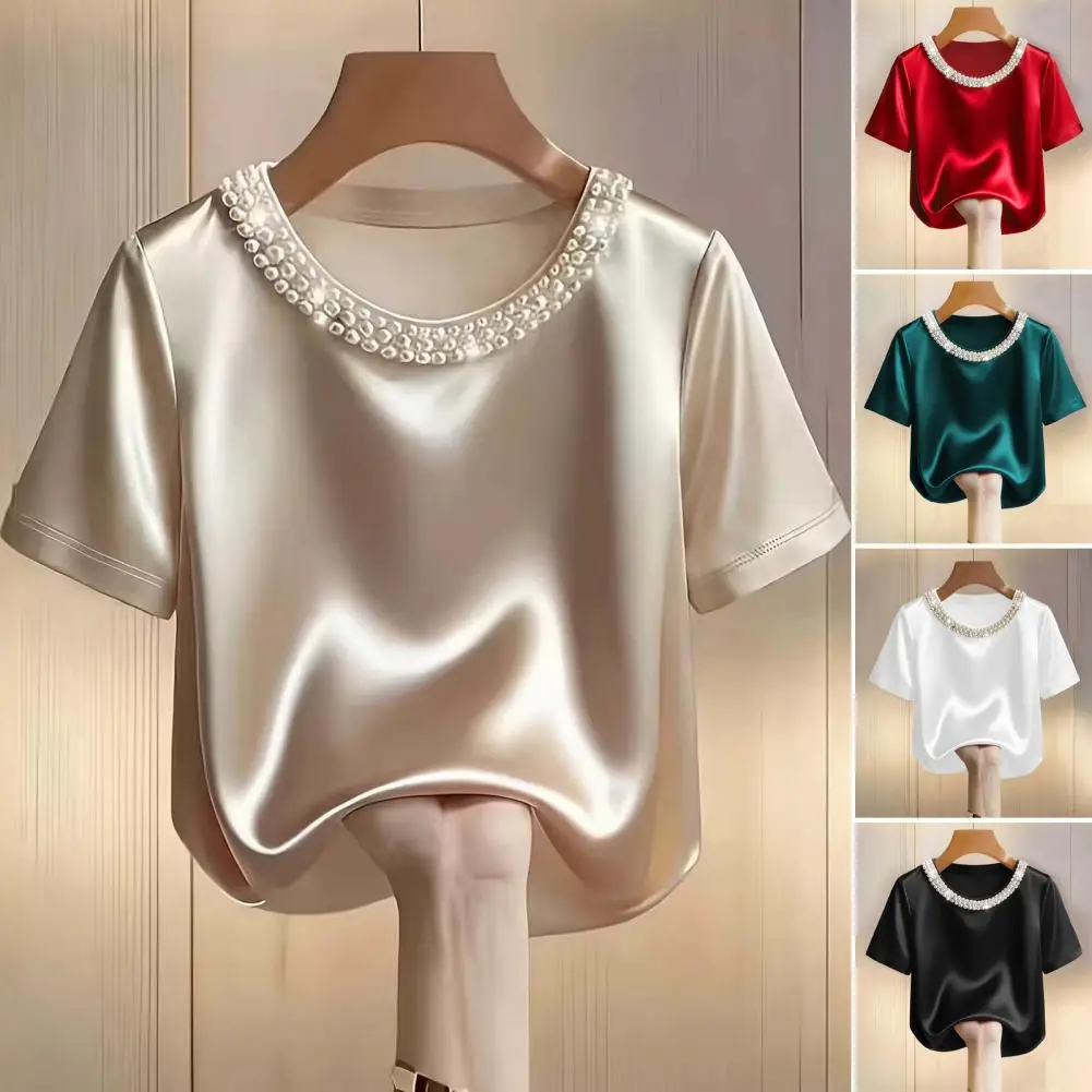 

Женская атласная футболка с имитацией жемчуга, украшенная имитацией жемчуга ручной работы, с круглым вырезом и короткими рукавами, на каждый день