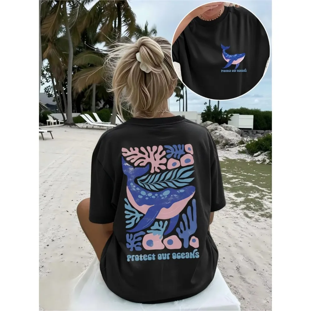Aesthetic Blue Whale Graphic T-Shirt Sea Life Coral Print Tee Retro Harajuku Streetwear Short Sleeve Protect Our Oceans Eco Tops