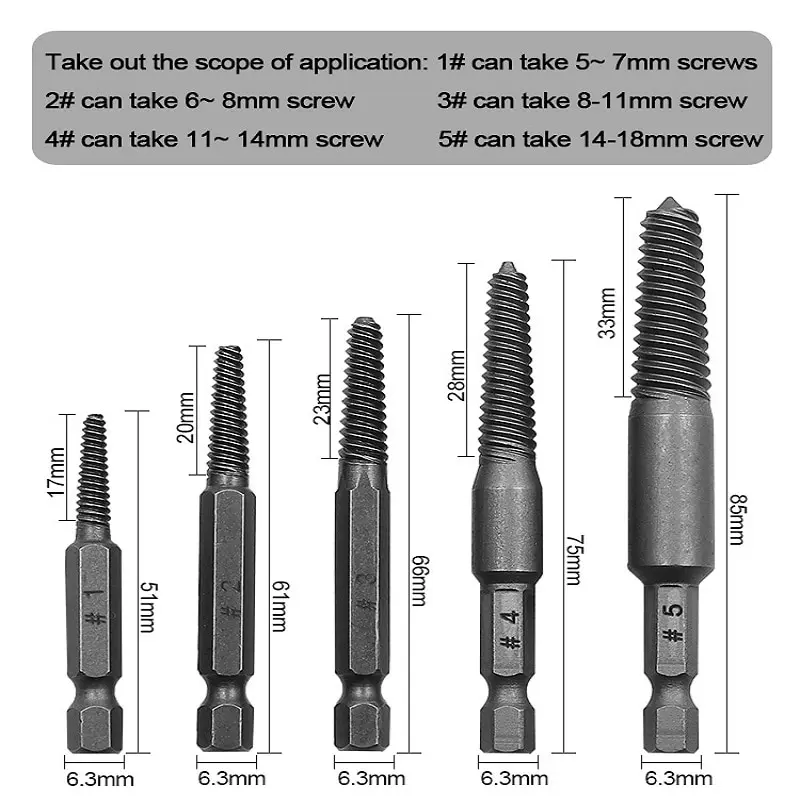 5pcs Screw Extractor Center Drill Bits Guide Set Broken Damaged Bolt Remover Hex Shank And Spanner For Broken Hand Tool