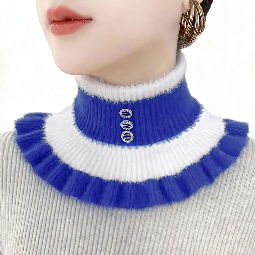 مخطط متماسكة الياقة المدورة وهمية سميكة الشتاء الرقبة أدفأ مع كشكش الفراء فو للنساء وشاح عصري