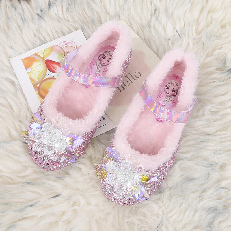 Disney Elsa Princess Shoes Autumn Winter Plush Warm Children Girls Crystal Shoes Fashion Cute Baby Girl Flat Shoes Soft Sole