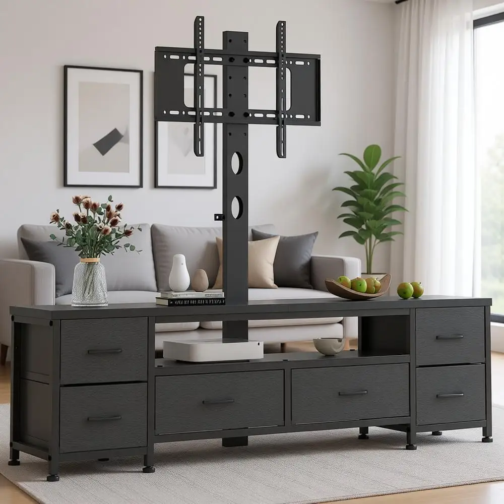 

Universal TV Stand with Mount for 32-75 Inch TVs, Black Drawer with Fabric Doors and Storage Shelves