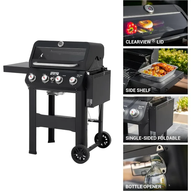 Monument Grills 4-Burner Liquid Propane Gas Grill, Black Stainless Steel Grill with Clearview® Lid and One Foldable Shelve