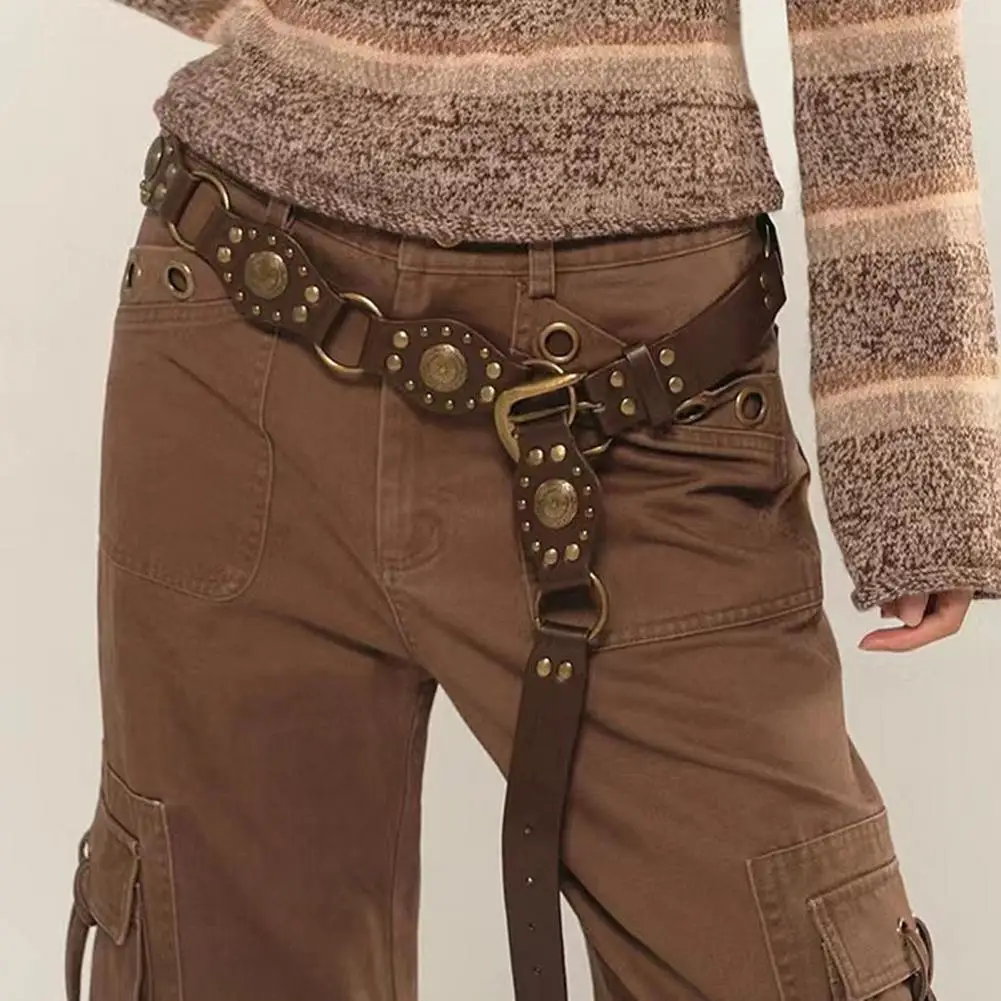 Women Retro Belt Brown Wide Belt Cowboy Western Style Denim Skirt with Faux Leather Waistband Exaggerated Metal Buckle