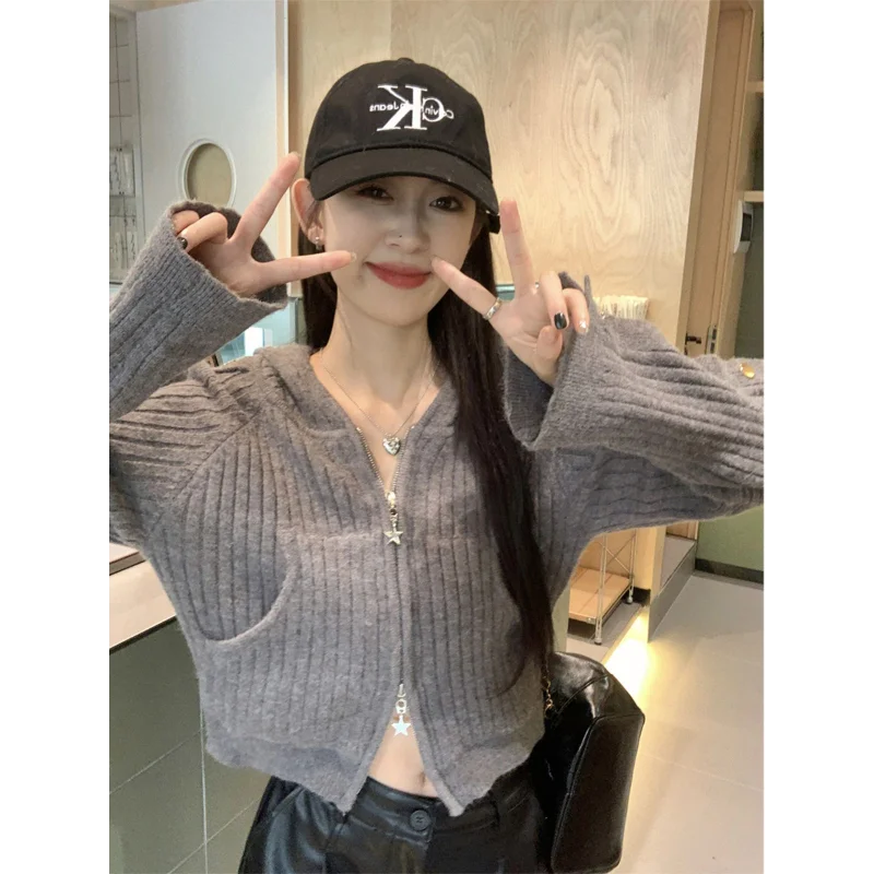 

Корейский стиль, нишевый свитер на молнии с капюшоном и длинными рукавами, кардиган, женский короткий универсальный вязаный топ