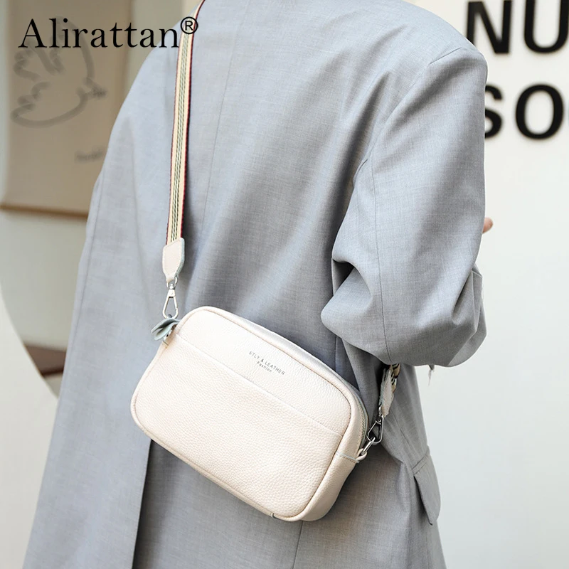 Alirattan Genuine Leather Bag For Women 2024 New Cowhide Wide Shoulder Strap Pure Leather Shoulder Bag Soft Casual Crossbody Bag