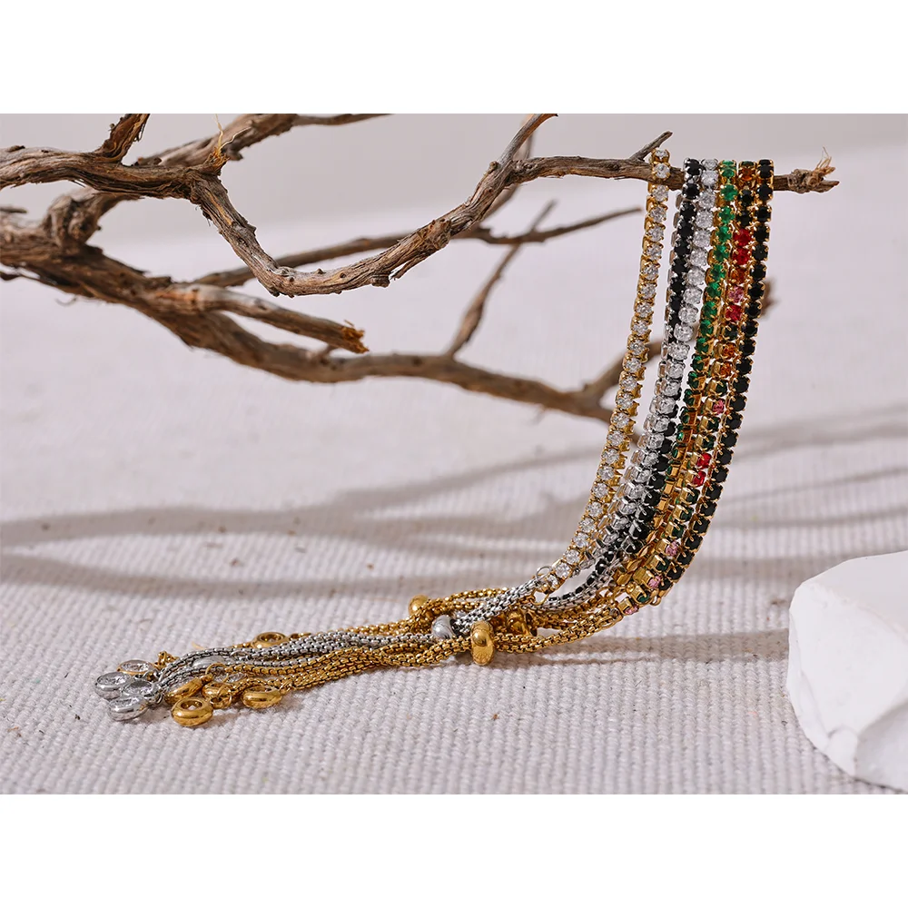 Yhpup Colorful Shiny Cubic Zirconia Chain Fashion Bracelet Bangle for Women Stainless Steel High-Grade Delicate Jewelry Gift