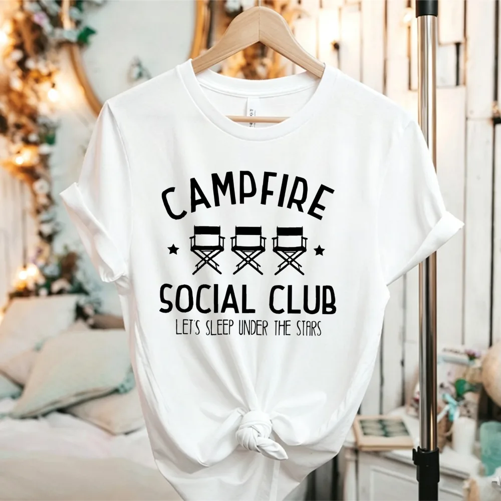 Campfire Social Club Starry Night Camping Chair Print Women Short Sleeve T Shirt Top Vintage Clothes Graphic T Shirts Harajuku