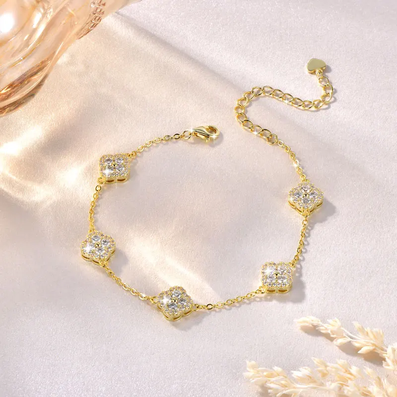 

Lnkry GRA Certificated Four Leaf Clover Moissanite Bracelet 14K Gold Filled Adjustable Chain Bracelets for Women Dailly Jewelry