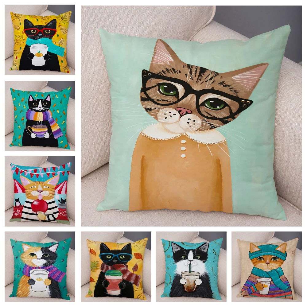 Bedroom Cute Funny Cartoon Coffee Cat Pillowcase Decoration Pet Animal Pillowcase Cushion Cover Sofa Home Car