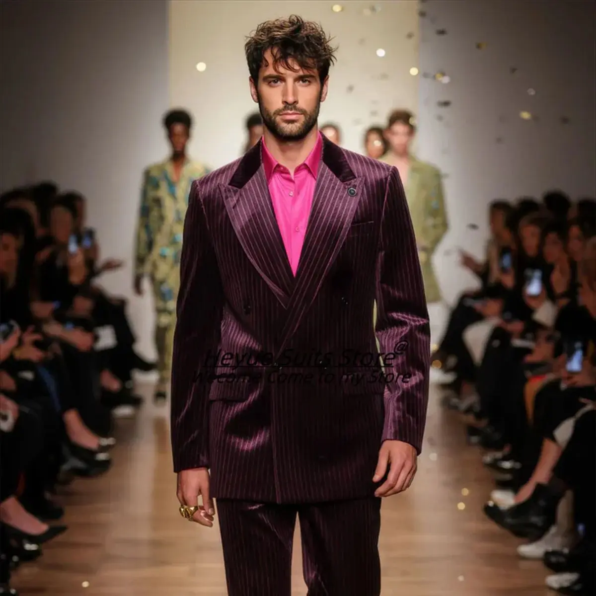 

Business Stripe Men Suits Customized Slim Fit Double Breasted Groom Wedding Tuxedos 2Pieces Sets Male Prom Blazers Costume Homme