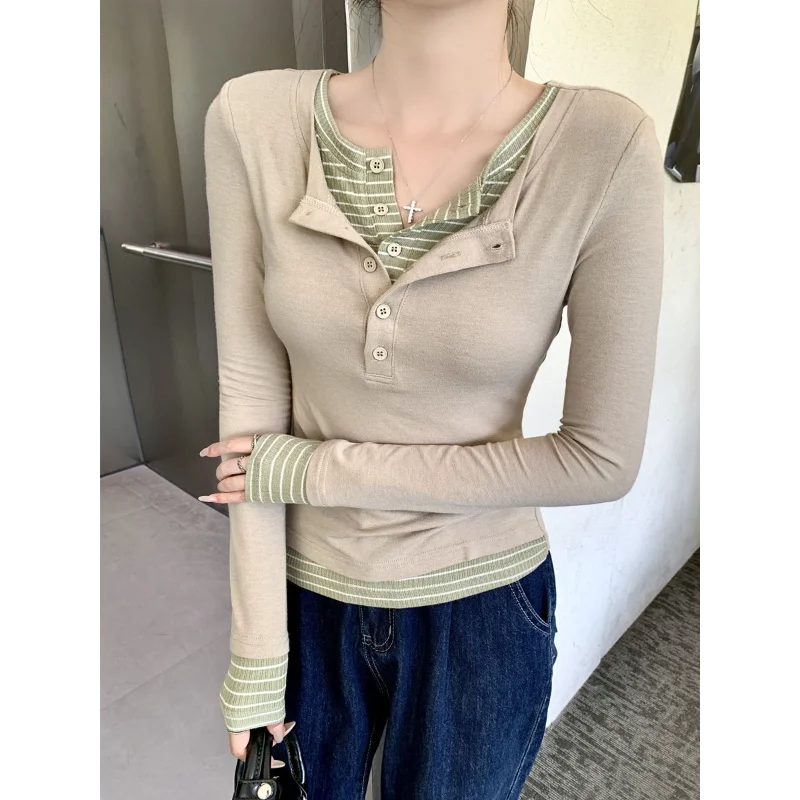 

Striped Fake Two-piece Long-sleeved T-shirt Bottoming Shirt for Women Autumn New Button Half Open Collar Slim Fit Inner Top