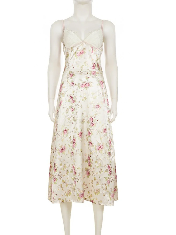 SsTss フレンチ ストリート スタイル V ネック レース サテン スリップ ドレス 女性 花柄 A ライン マキシ ドレス 調節可能なストラップ付き 夏休み用