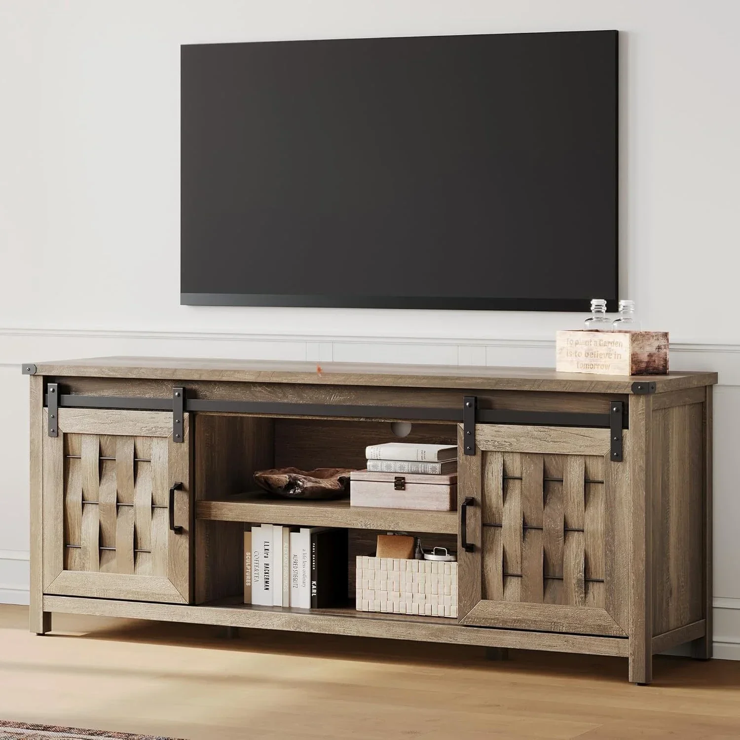 A Farmhouse TV Stand for 65 Inch TV, Entertainment Center with Handmade Woven Sliding Door, Media TV Console Table with Cabinet
