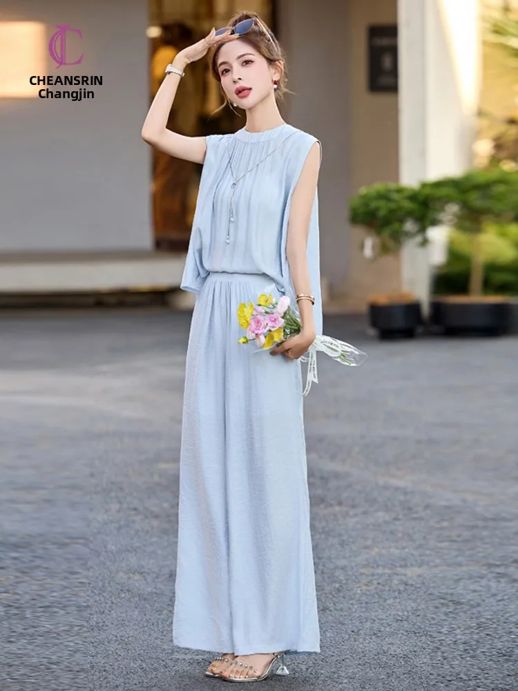 

Новый летний комплект из двух предметов: свободный комбинезон с широкими штанинами и топ для женщин, модный повседневный костюм из полиэстера