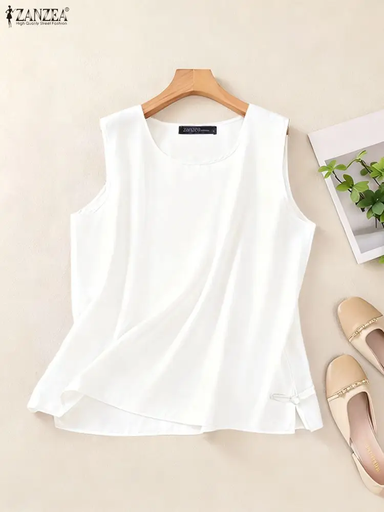 Zanzea verão moda tanques 2025 mulheres camisetas elegante casual sem mangas regatas em torno do pescoço solto sólido coreano blusas femininas