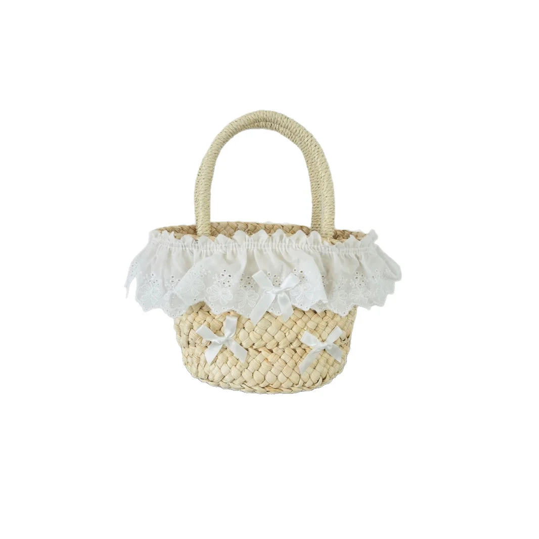 Niedliche Mini-Schleifen-Stroh-Eimertaschen für Frauen, Sommer-Spitzen-Strohtasche, handgefertigte gewebte Handtaschen und Geldbörsen, böhmische Strandtasche, Tragetasche, NEU
