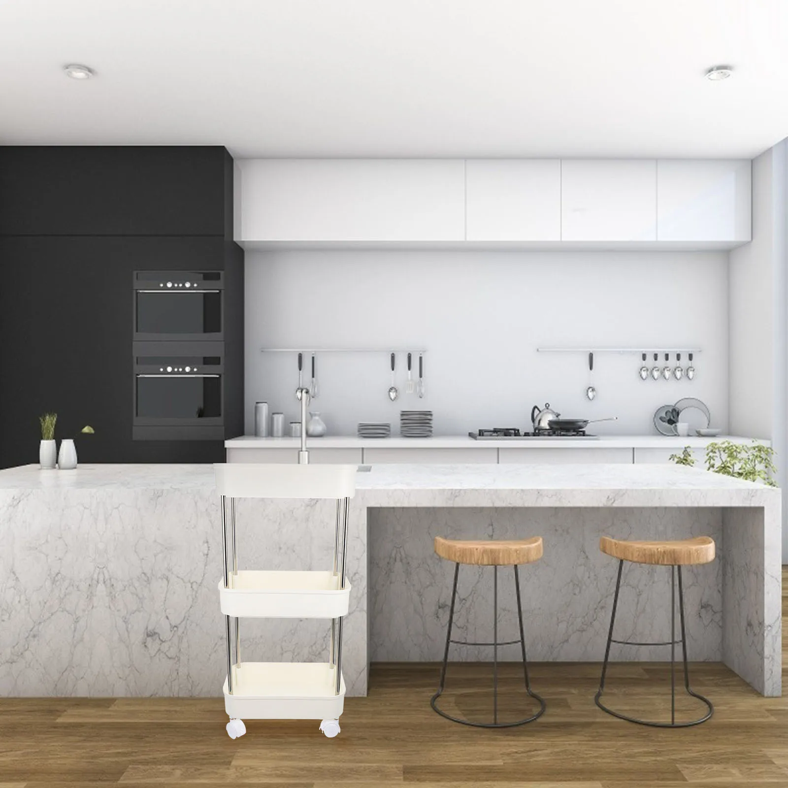 

3-Tier Movable Storage Cart Multi-Functional Utility Trolley Rolling Organizer for Kitchen Bathroom Living Room with Large