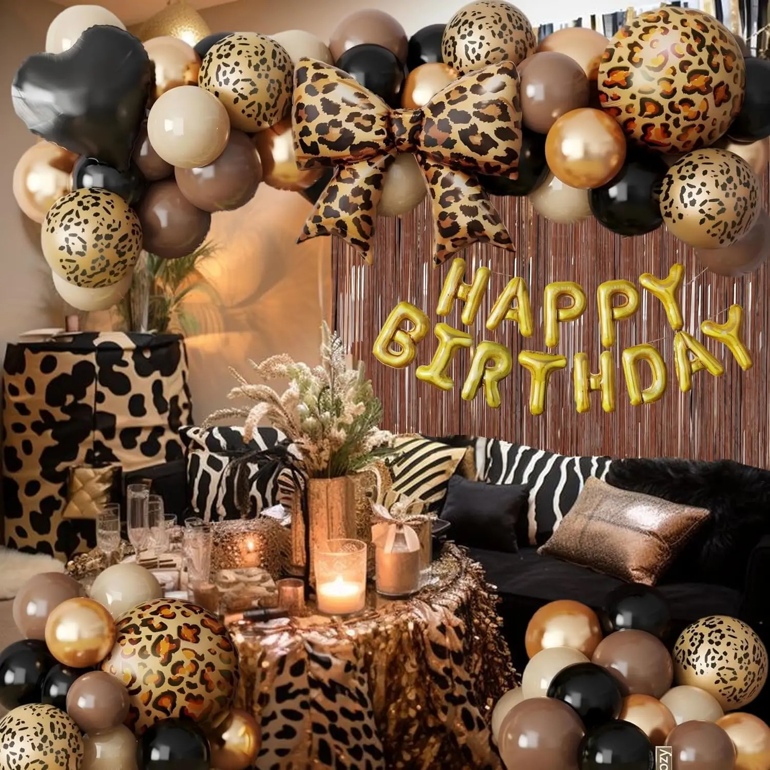 Leopard Print Balloon Garland Kit with Bow & Happy Birthday Banner for Wild One Party Decoration Theme Party Balloon Decoration view 2