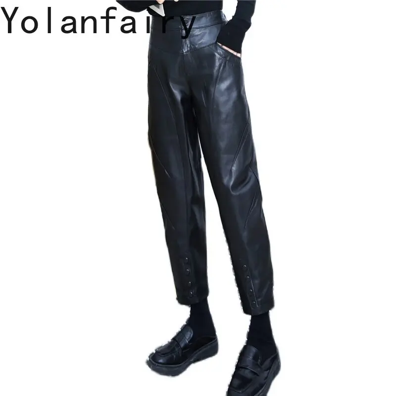 YOLANFAIRY Women Genuine Sheepskin Leather Harem Pants Autumn High Waist Carrot Ankle Length Slim Boot Casual Leather Trousers