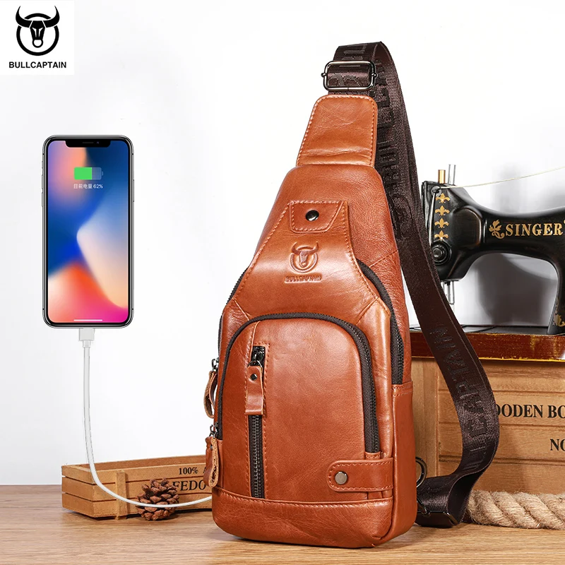 BULLCAPTAIN cowhide Leather Casual Fashion Crossbody Chest Bag men\'s leather bag USB Charging Travel Shoulder Bag Male